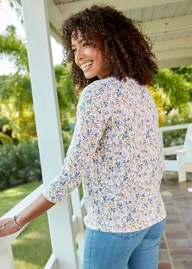 Cotton Traders Washed Iris 3/4 Sleeve Tie Waist Print Textured Top