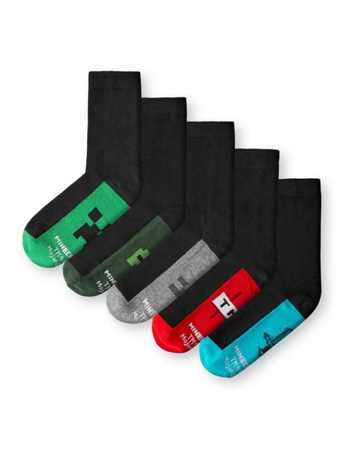 Vanilla Underground Minecraft Kids Multicoloured School Calf Socks Set of 5 (9 Younger - 6.5 Older) - Size 9-12 Infants Footwear Image 1