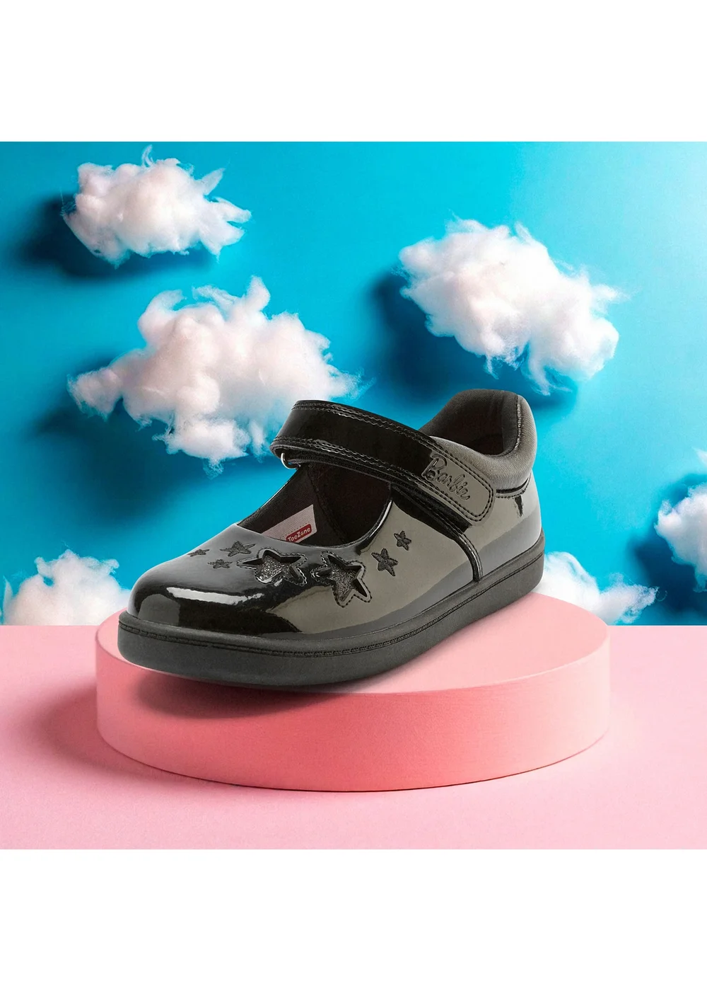 ToeZone Girls Black Barbie Patent Rip Tape School Shoe - Size 11 Infants Image 1