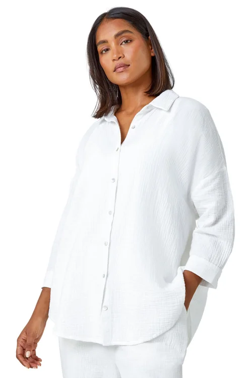 Roman Ivory Cotton Textured Button Shirt - Size 16 Image 1