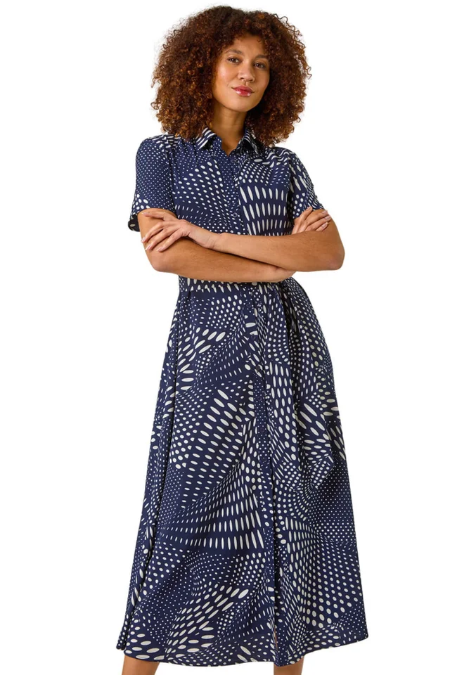 Roman Navy Spot Print Shirt Midi Dress