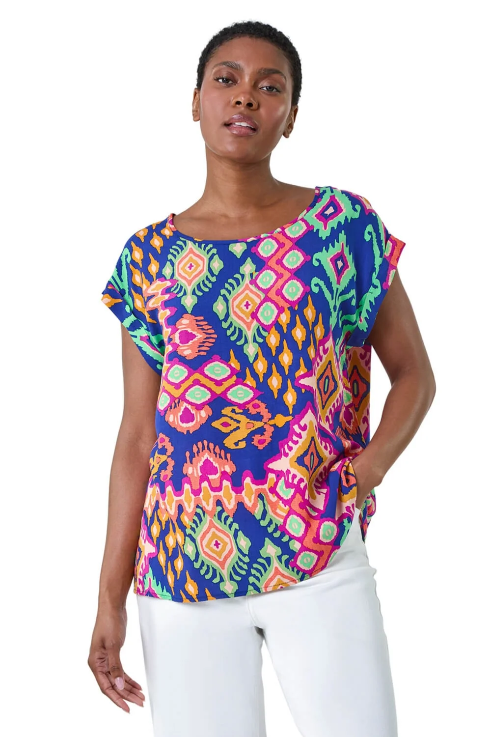 Roman Blue Aztec Print Short Sleeve Top - Size 18 Image 1