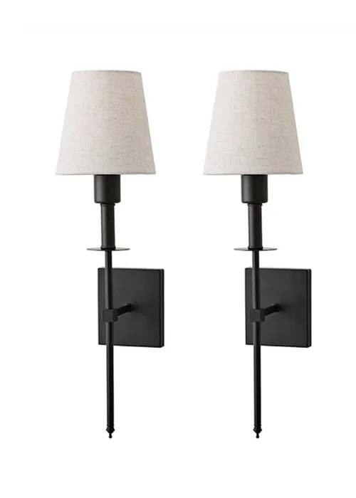 ValueLights Pair of Kincaid Rechargeable Black Wall Lights with Cream Shades - One Size Image 1
