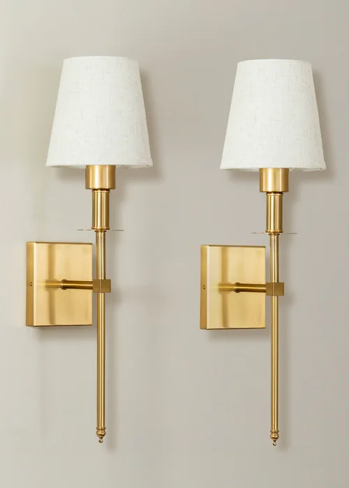 ValueLights Pair of Kincaid Gold Rechargeable Wall Lights with Cream Shades - One Size Image 1