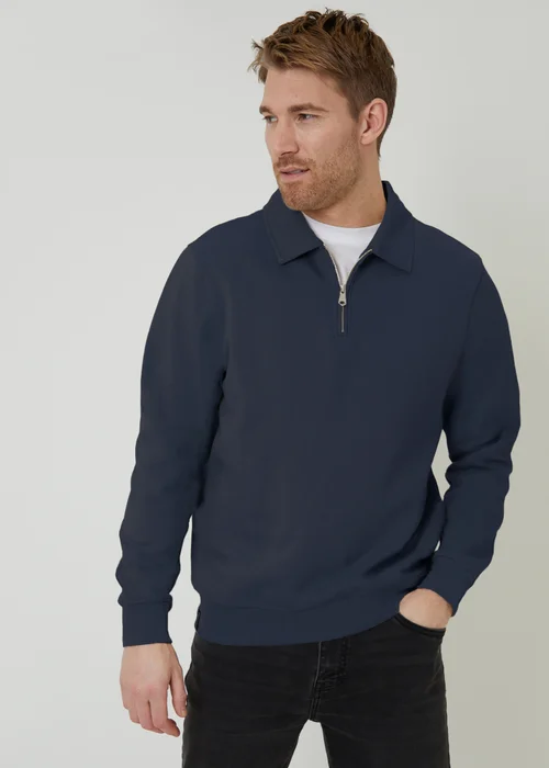 Threadbare Navy Quarter Zip Collared Sweatshirt - L Image 1