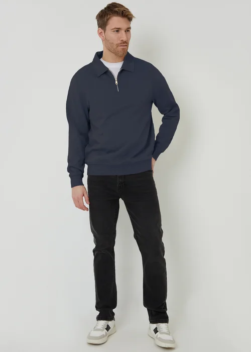 Threadbare Navy Quarter Zip Collared Sweatshirt - L Image 3