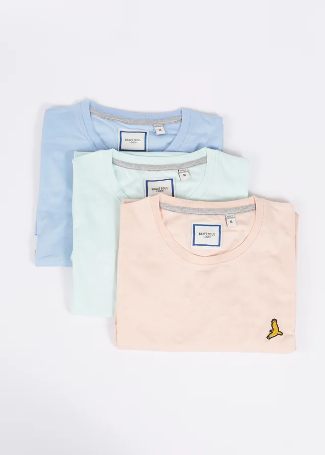 Brave Soul Light Blue Crew Neck T-Shirts with Contrast Piping 3-Pack