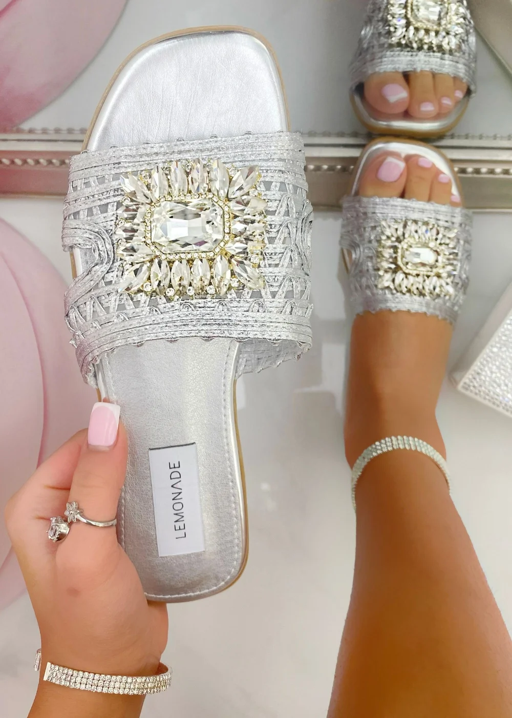 Love Lemonade Silver Crystal Bloom Sliders - Size 4 Image 1