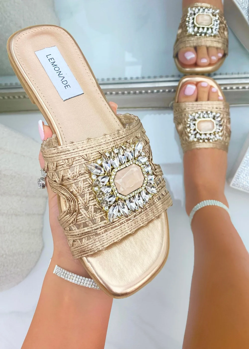 Love Lemonade Rose Gold Crystal Bloom Sliders - Size 4 Image 2