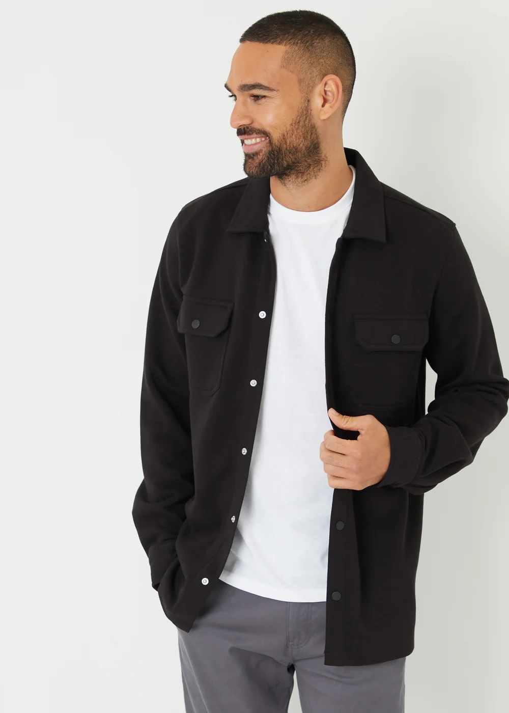 Threadbare Black Cotton Blend Popper Fastening Pique Shacket - M Image 1