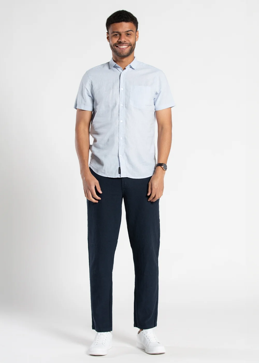 Tokyo Laundry Blue Linen Blend Button-Up Shirt with Chest Pocket - Small Image 3