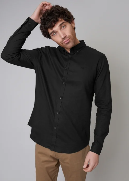 Threadbare Black Slim Fit Linen Blend Long Sleeve Shirt - M Image 1