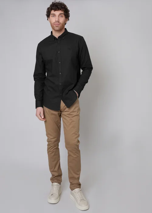 Threadbare Black Slim Fit Linen Blend Long Sleeve Shirt - M Image 4