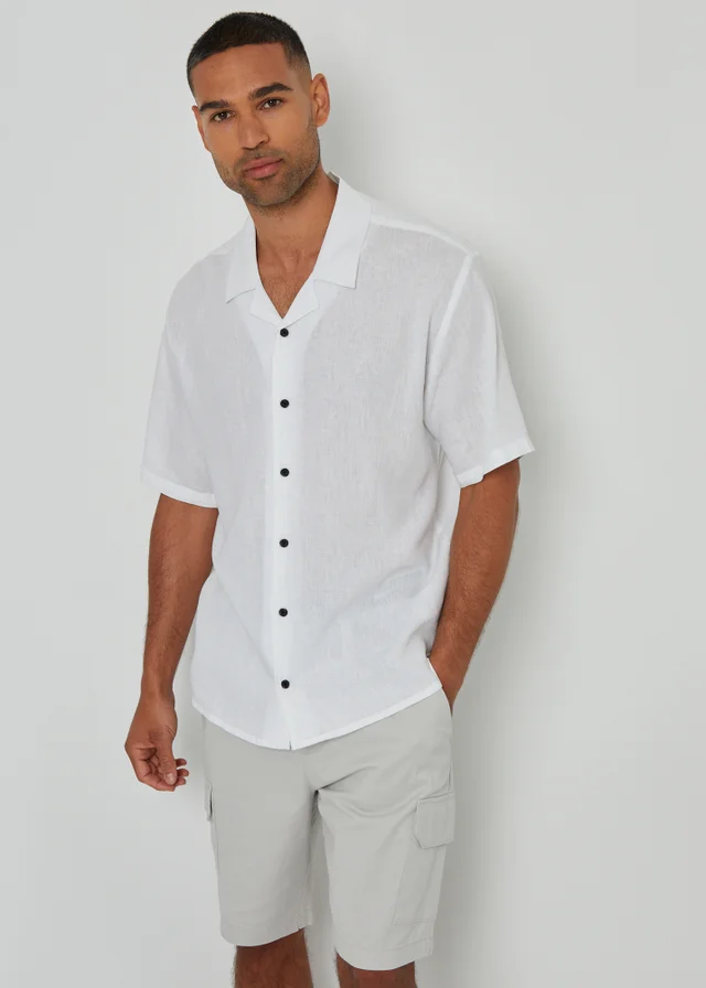 Threadbare White Kylian Linen Blend Revere Collar Short Sleeve Shirt