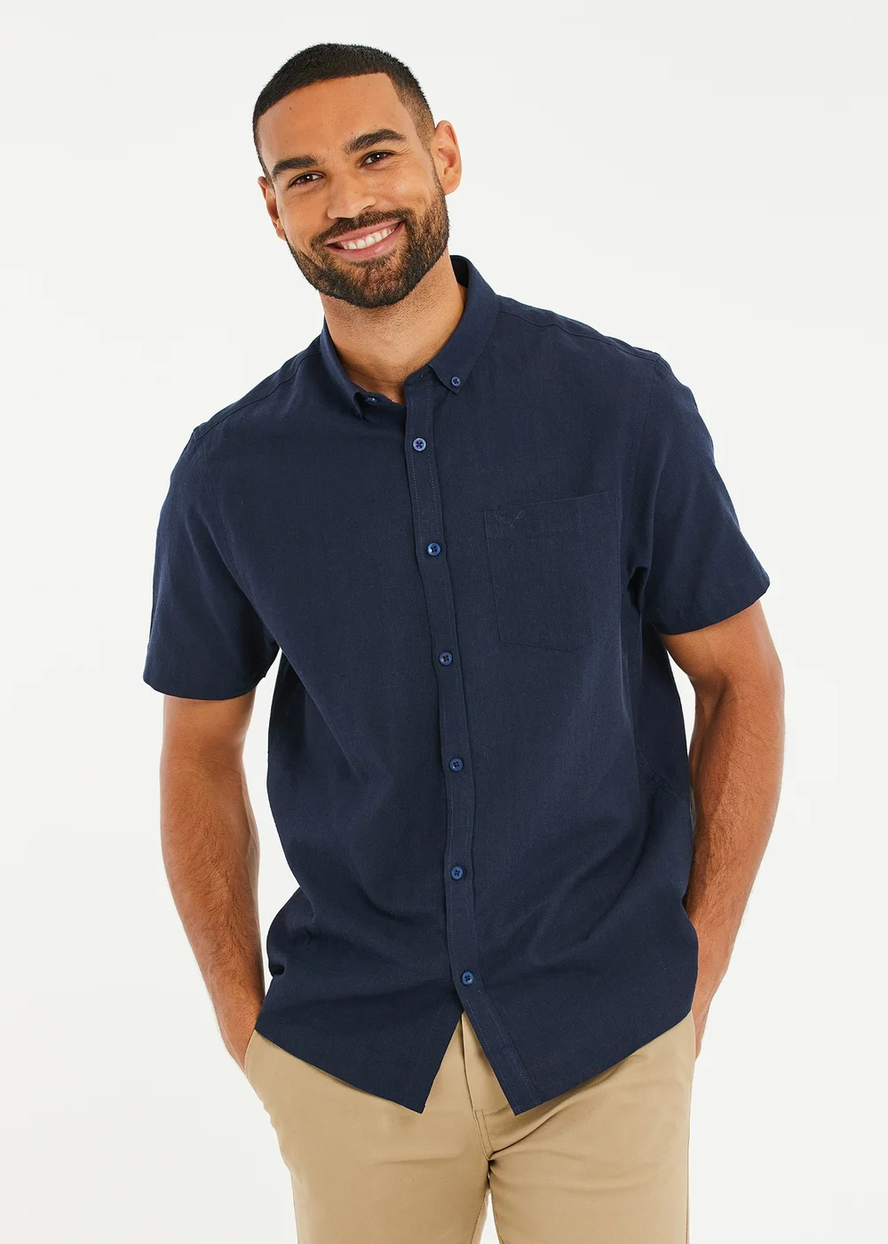 Threadbare Navy Dragon Cotton-Linen Blend Short-Sleeve Shirt - XL Image 1