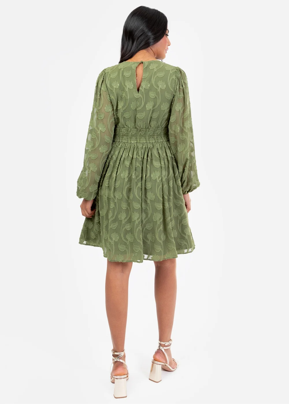 Lovedrobe Khaki Long Sleeve Floral Burn Out Mini Dress - 26 Image 2