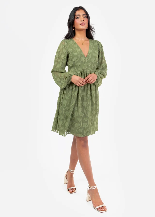 Lovedrobe Khaki Long Sleeve Floral Burn Out Mini Dress