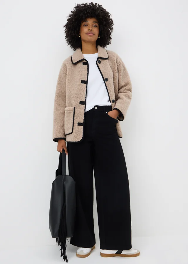 Taupe Piped Borg Teddy Coat