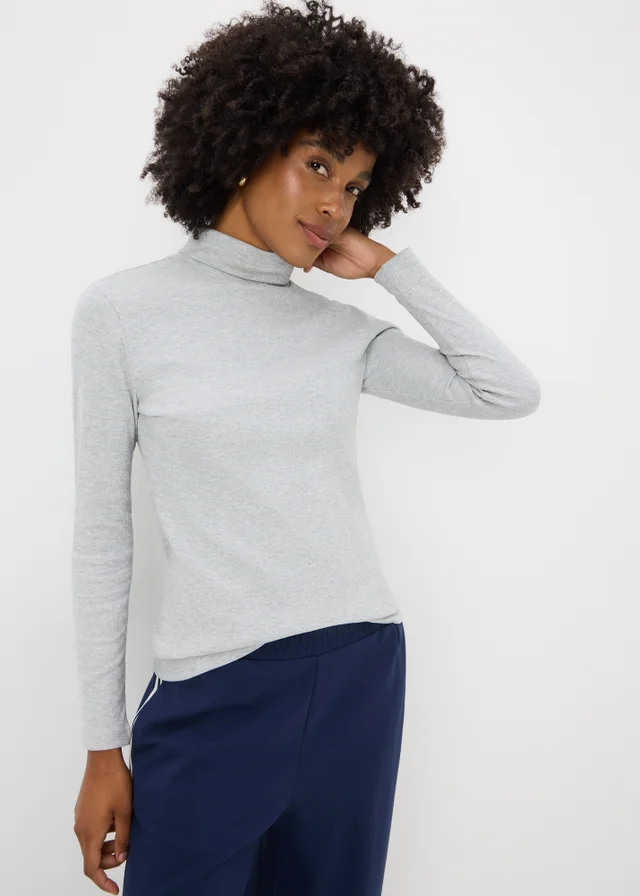 Grey Roll Neck Ribbed Top