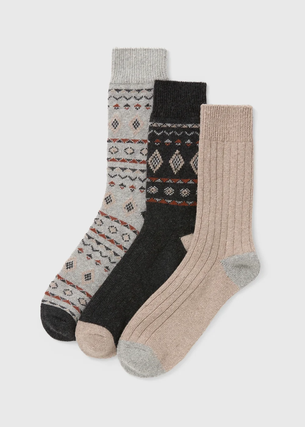 3 Pack Grey Fairisle Boot Socks - Sizes 6 - 8.5 Image 1