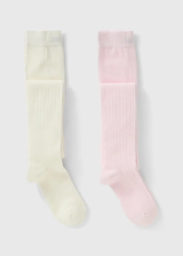 2 Pack Girls Pink & Cream Ribbed Tights (2-11yrs)