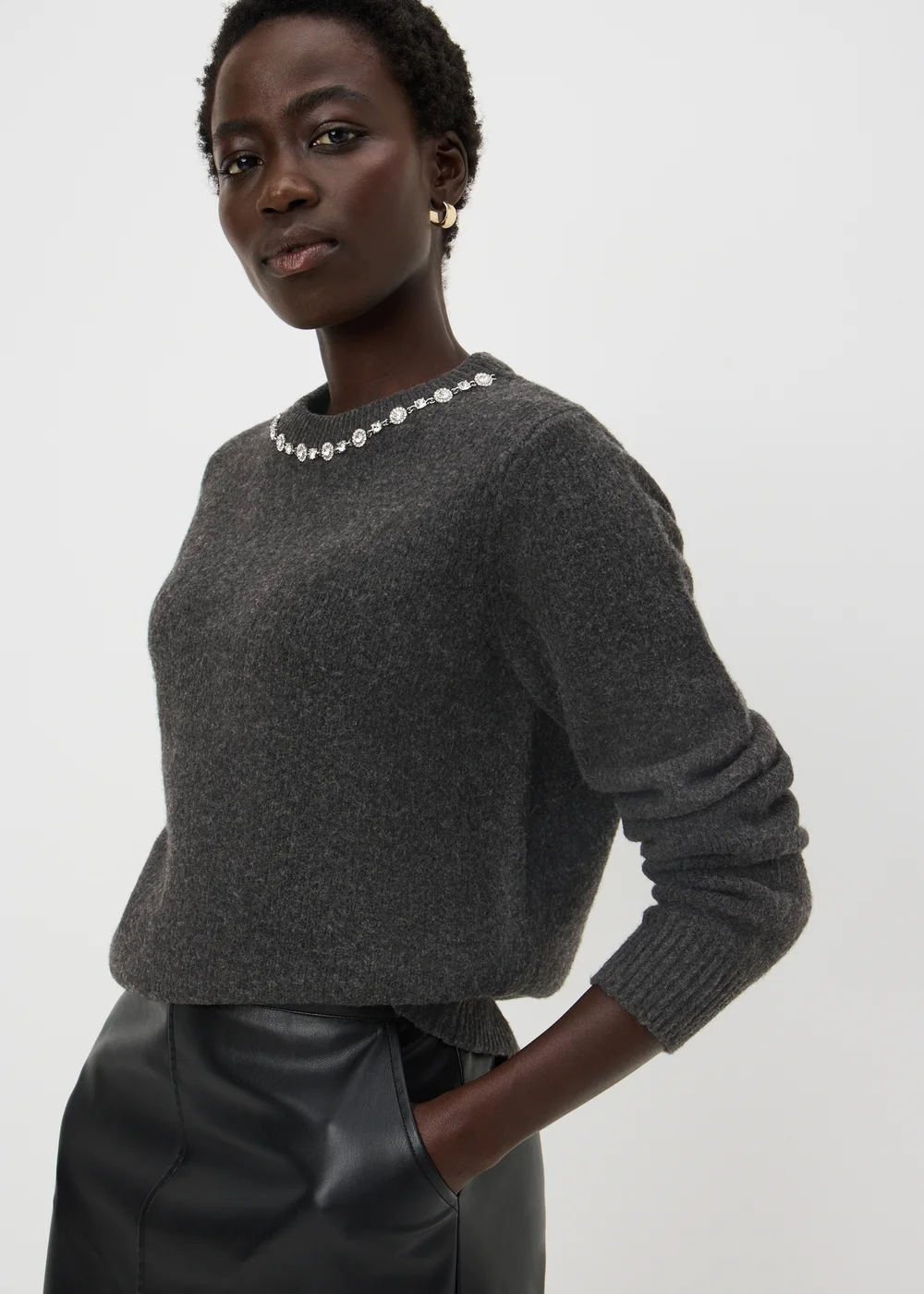 Charcoal Grey Jewel Neck Jumper - XS Image 1