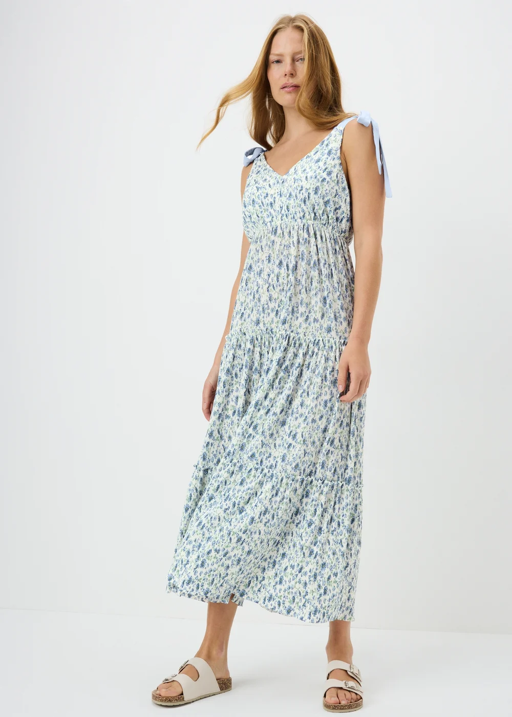 Cream Floral Plisse Tie Dress - Size 10 Image 1