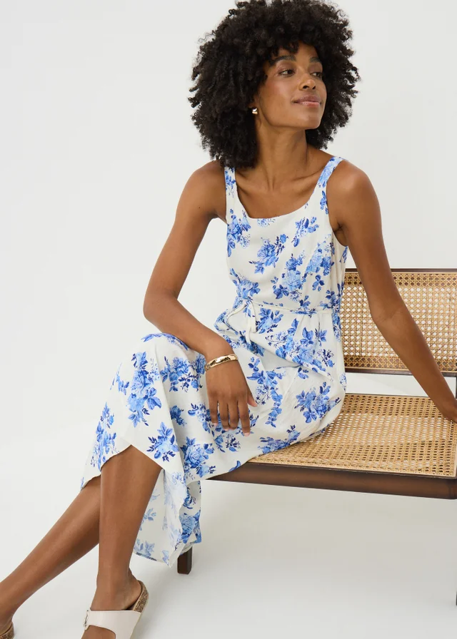 Blue Floral Tie Midi Dress