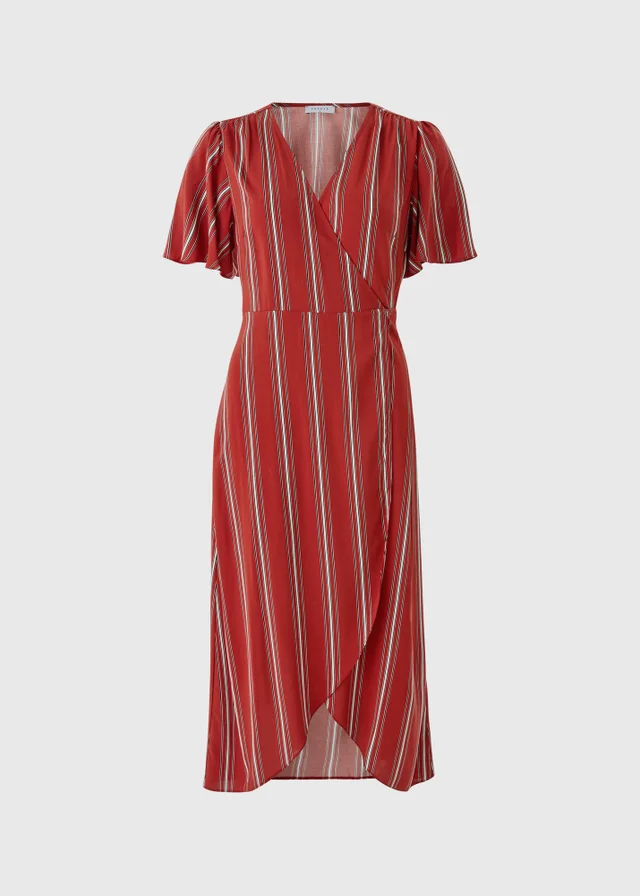 Red Striped Wrap Midi Dress