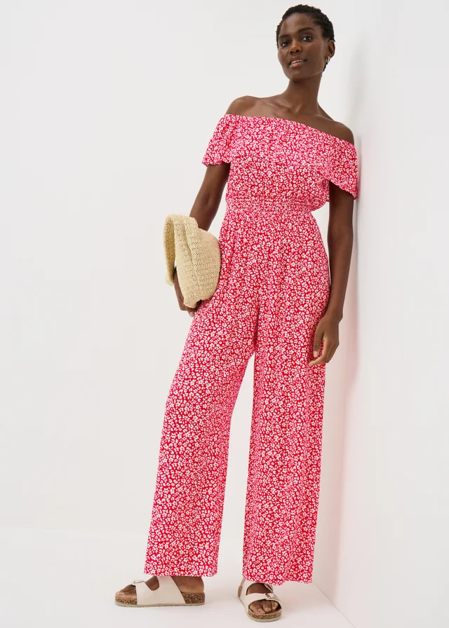 Red Floral Shirred Frill Jumpsuit