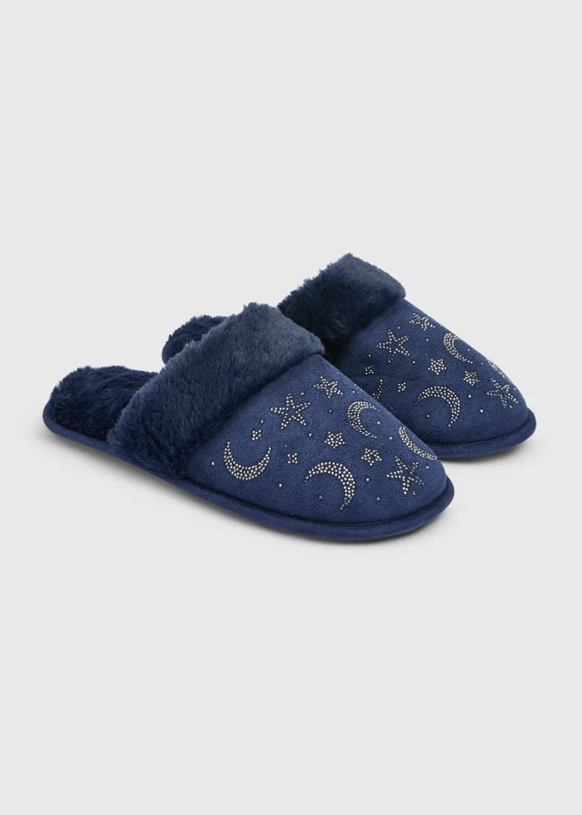 Navy Diamante Star & Moon Mule Slippers
