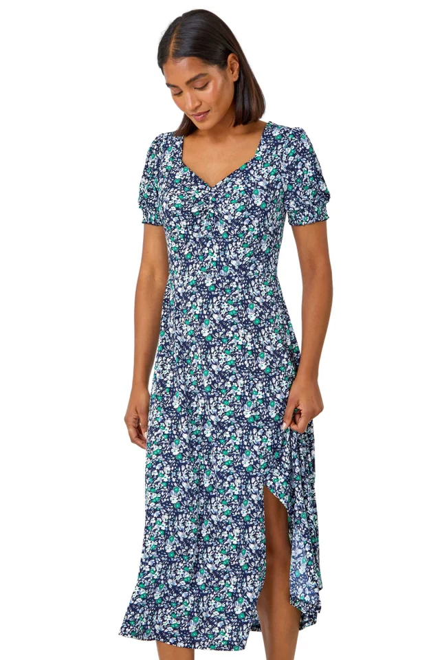 Roman Green Ditsy Floral Ruched Stretch Midi Dress