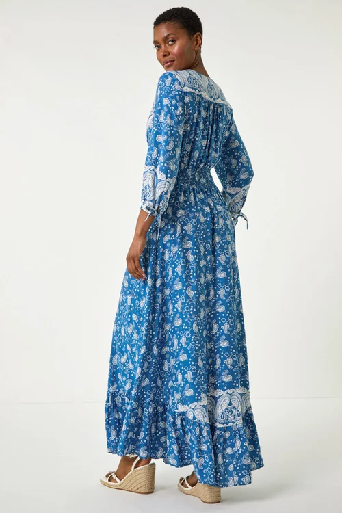 Roman Blue Paisley Print Frill Hem Maxi Dress - Size 12 Image 4