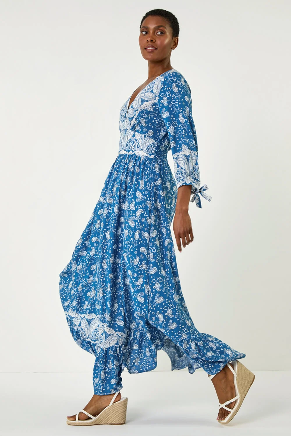 Roman Blue Paisley Print Frill Hem Maxi Dress - Size 12 Image 2