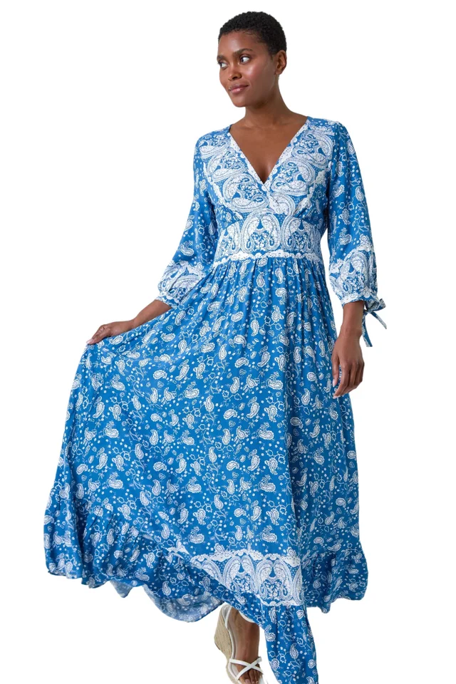 Roman Blue Paisley Print Frill Hem Maxi Dress