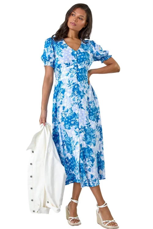 Roman Blue Button Through Floral Shirred Midi Dress - Size 20 Image 2