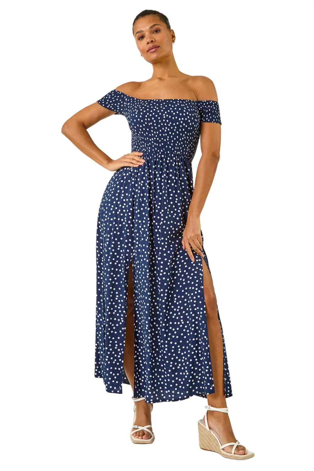 Roman Navy Spot Print Bardot Shirred Maxi Dress - Size 12 Image 2