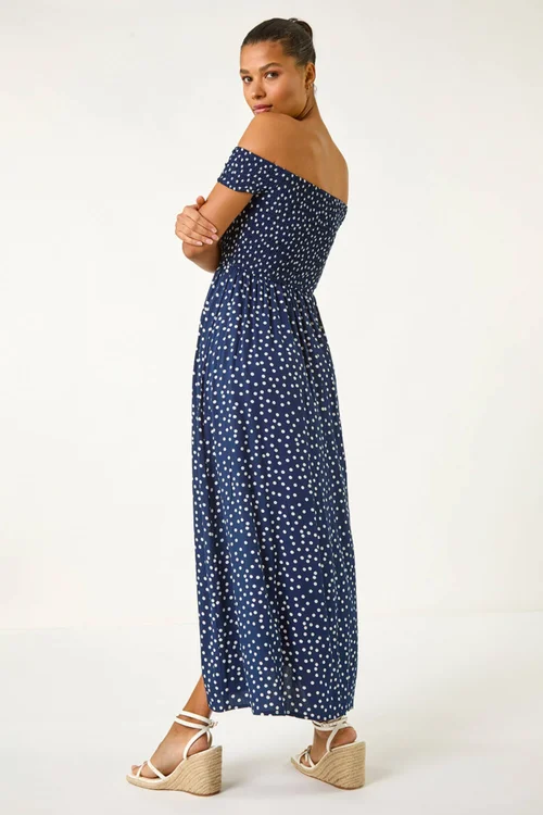 Roman Navy Spot Print Bardot Shirred Maxi Dress - Size 12 Image 4