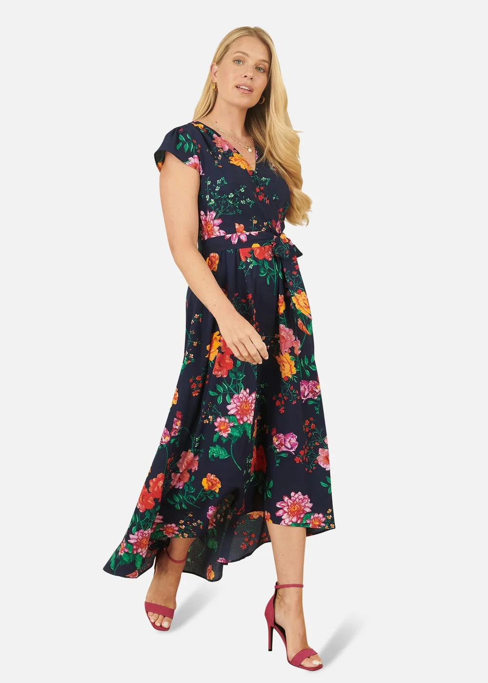 Yumi Navy Flower Print Wrap Midi Dress - 8 Image 2