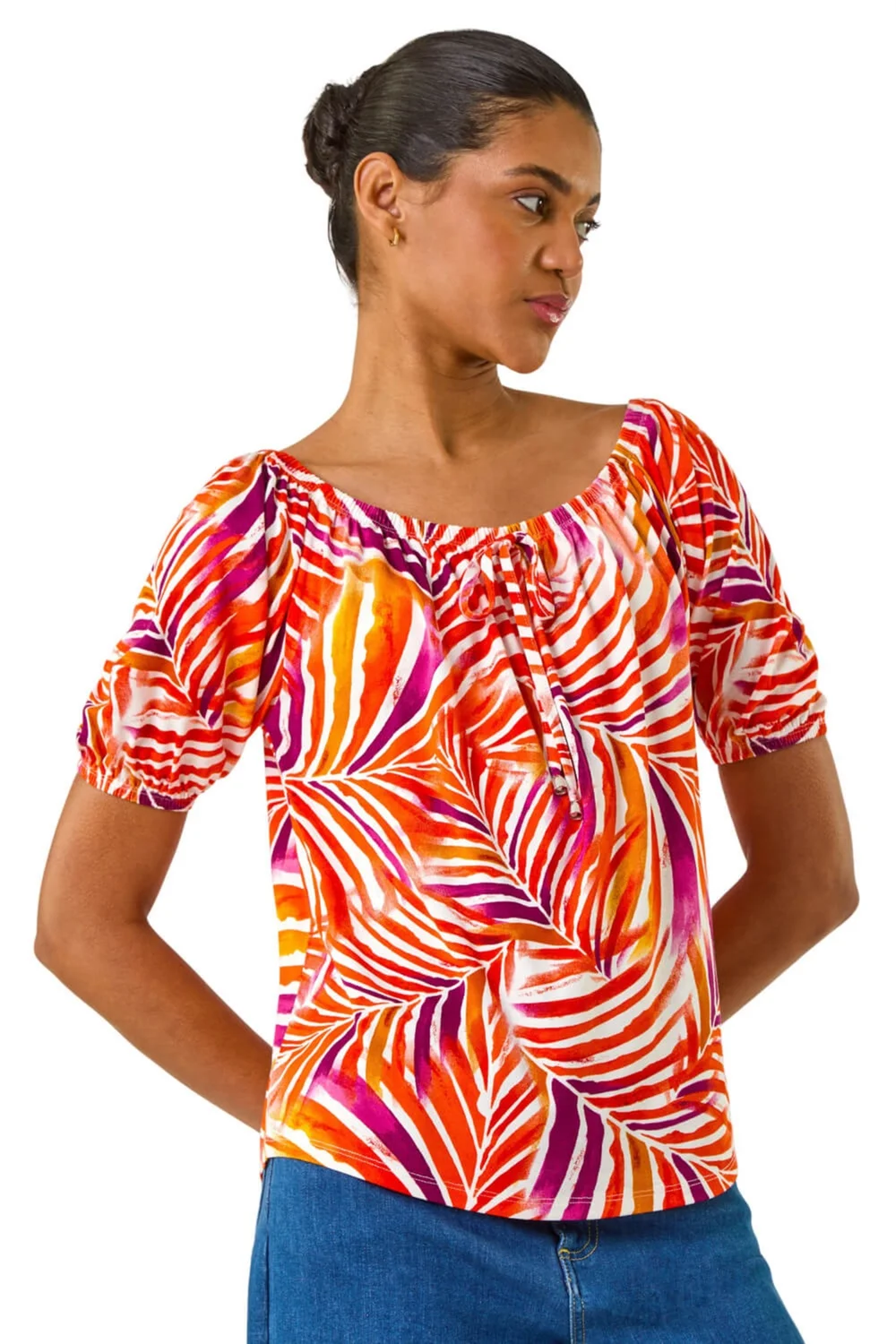 Roman Red Floral Print Bardot Stretch Top - Size 16 Image 2