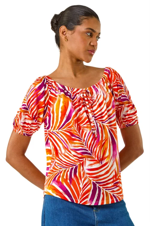 Roman Red Floral Print Bardot Stretch Top - Size 16 Image 2