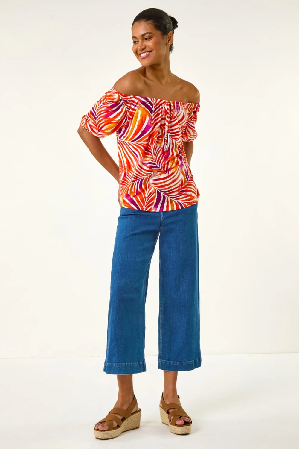 Roman Red Floral Print Bardot Stretch Top - Size 16 Image 3