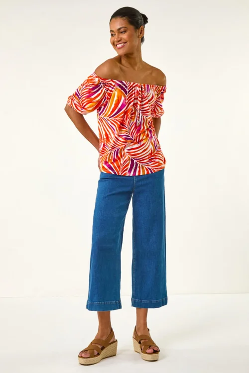 Roman Red Floral Print Bardot Stretch Top - Size 16 Image 3