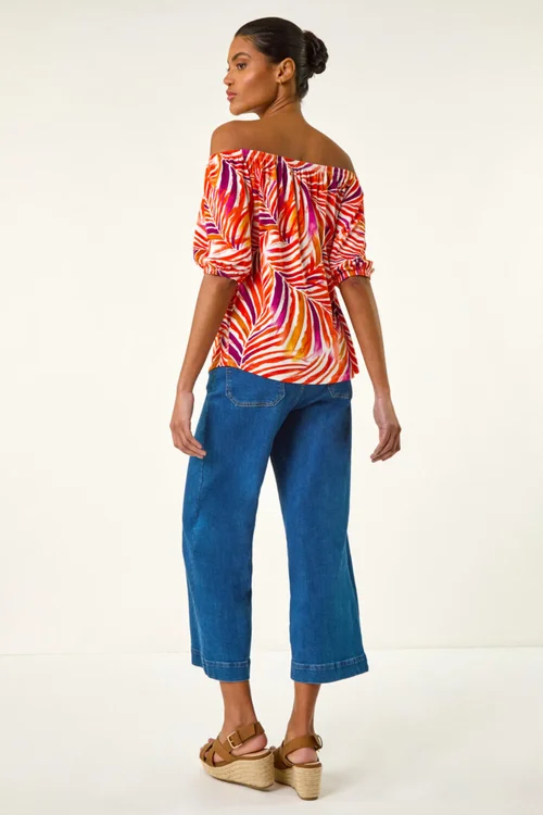 Roman Red Floral Print Bardot Stretch Top - Size 16 Image 4