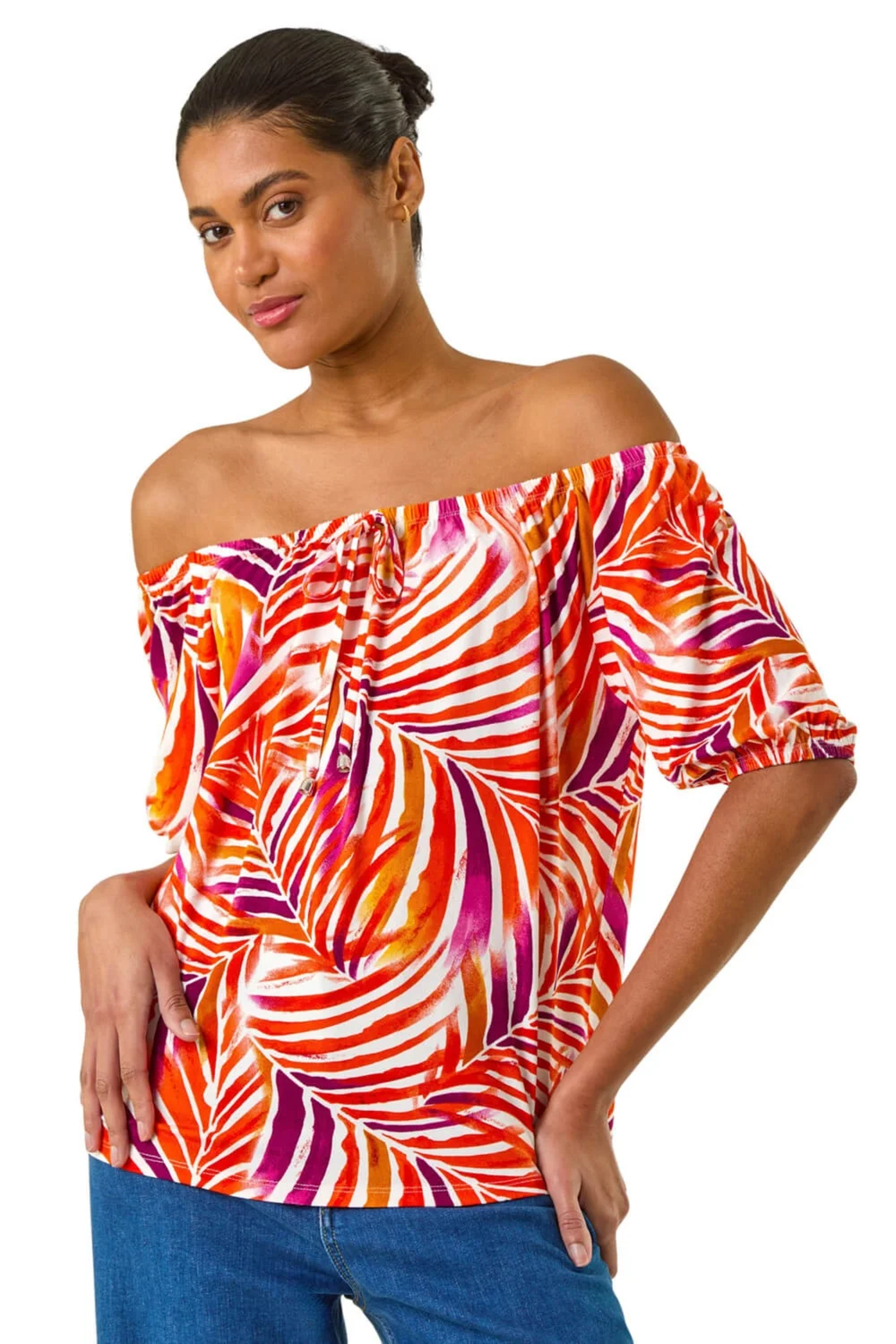 Roman Red Floral Print Bardot Stretch Top - Size 16 Image 1