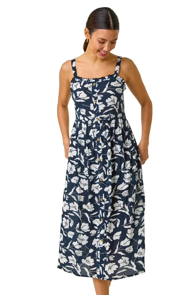 Roman Navy Floral Print Midi Sundress