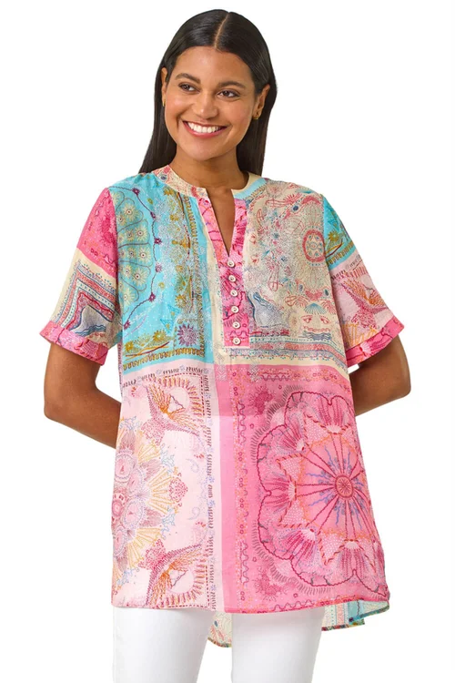 Roman Pink Scarf Print Hotfix Buttoned Top - Size 16 Image 1