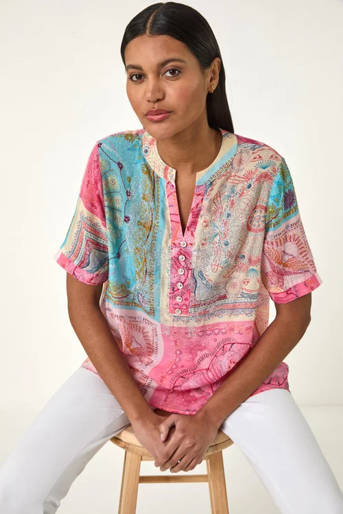 Roman Pink Scarf Print Hotfix Buttoned Top - Size 16 Image 3