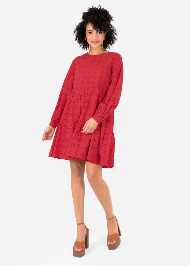 Lovedrobe Red Long Sleeve Broderie Smock Dress