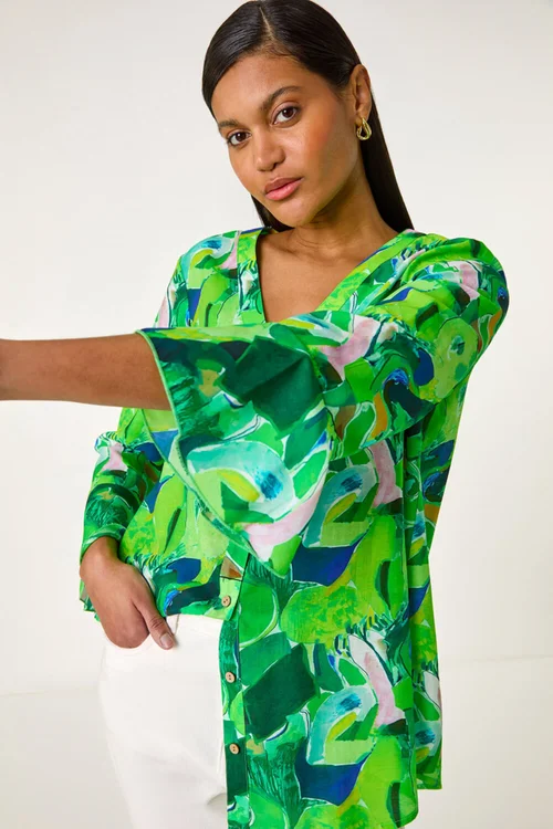Roman Green Abstract Print Flared Blouse - Size 10 Image 4